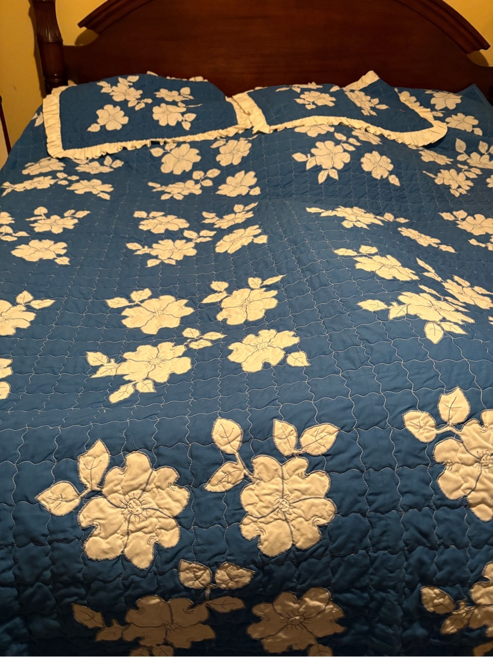 Blue Floral Quilt Coverlet Set - appliqué hand made